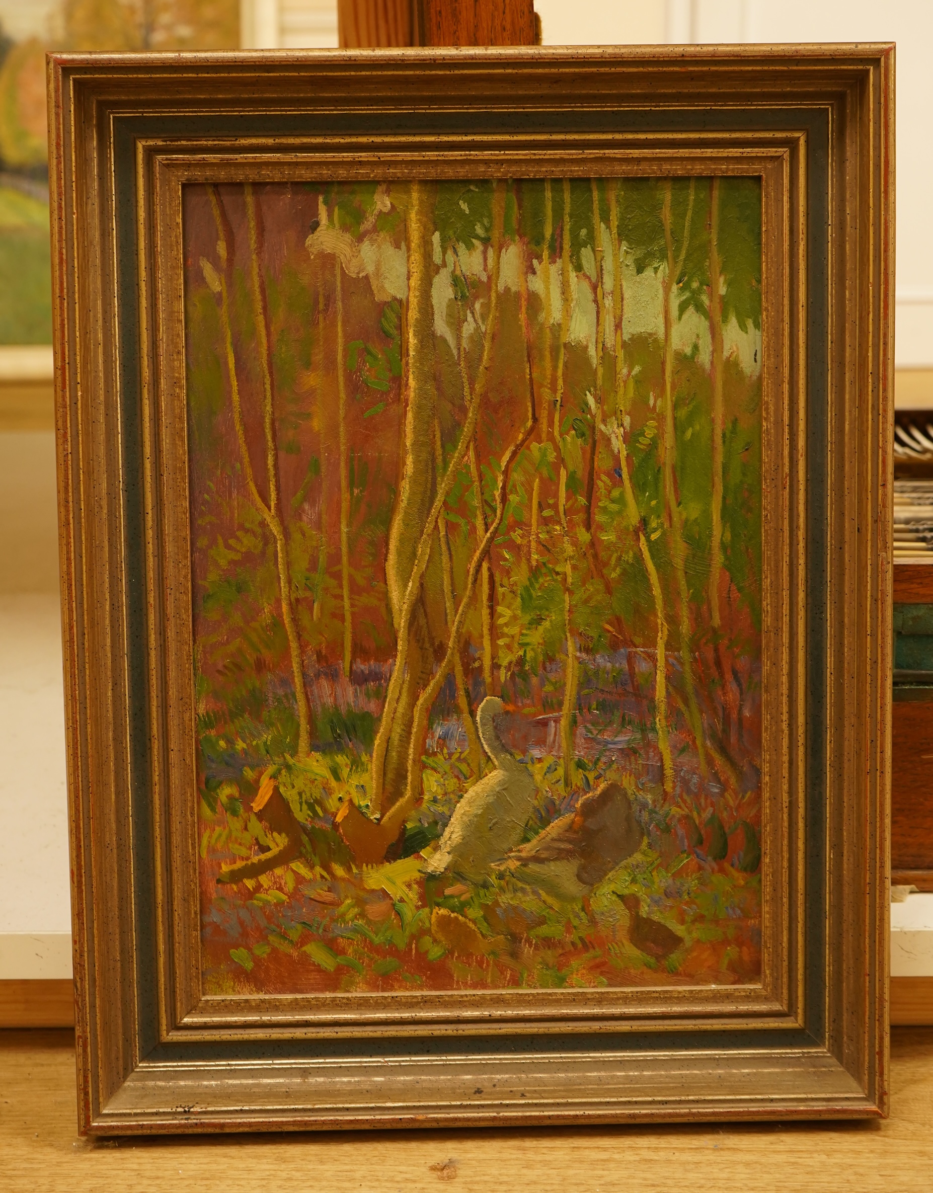20th century School, Study of geese before trees, unsigned, oil on board, 34 x 23cm